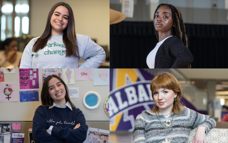 Composite image shows four student portraits of young women posing in the Campus Center.
