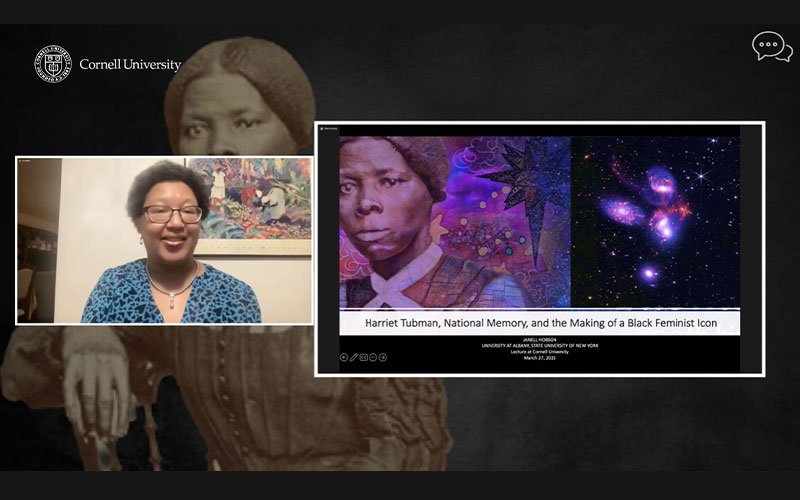Professor Hobson wearing a blue and black patterned shirt appears onscreen left in a small box. Her presentation, which includes and image of Harriet Tubman and the title, "Harriet Tubman, National Memory and the Making of a Black Feminist Icon," appears in a box on the right.
