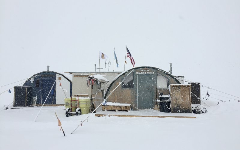 A living quarters for researchers in the Antarctic snow.