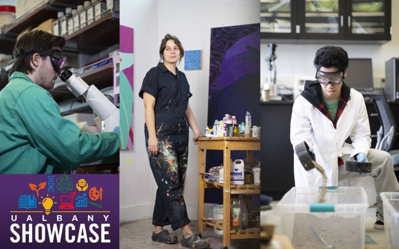 side-by-side photos show a man in a lab coate looking into a microscope, a woman in paint-splattered coveralls near painting supplies, and a man in lab coat sifting material into a plastic bin. In the left corner a purple logo says UALBANY SHOWCASE.