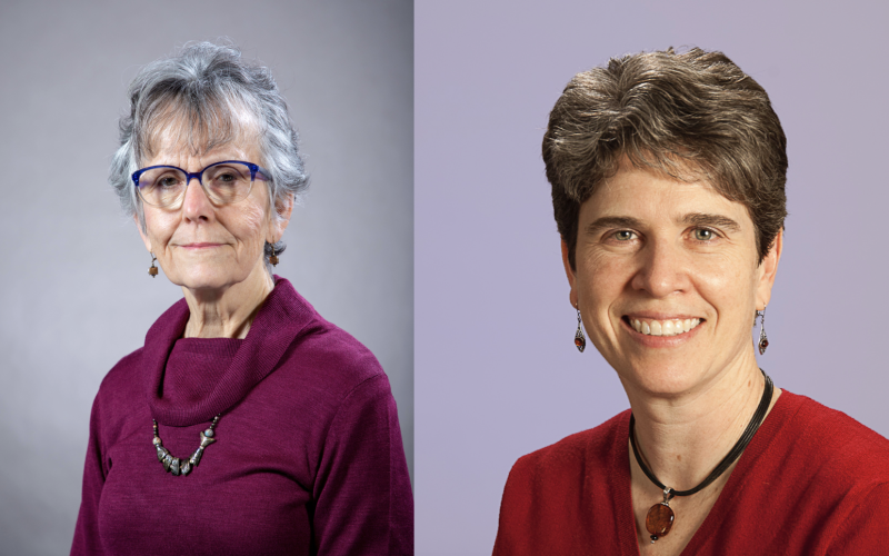 Side-by-side portraits of a woman with short gray hair, glasses and a purple sweater and a woman with short brown hair and a red blouse.