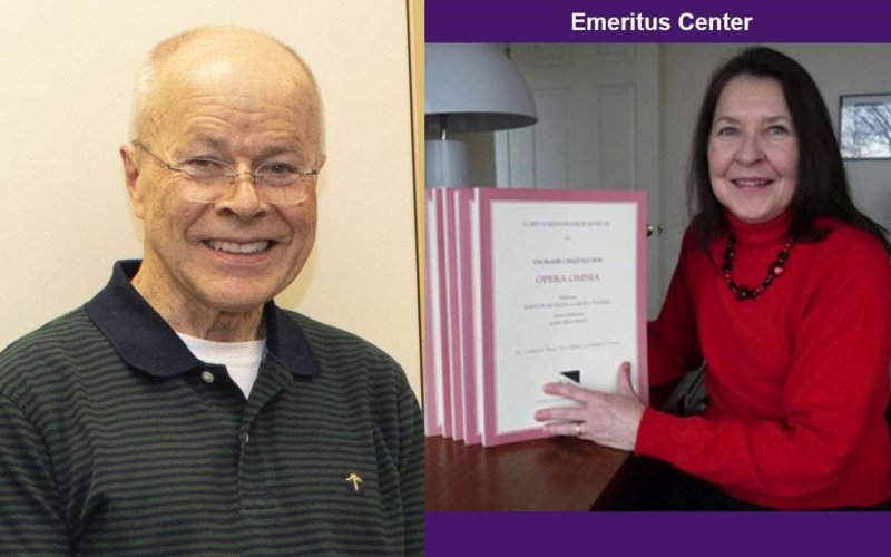 A headshot or Timothy Reese next to a photo of a seated Mary Beth Winn holding books that say Opera Cinema. Above her head is a purple bar with the words Emeritus Center.