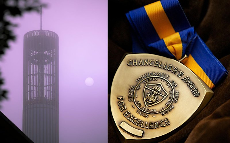 UAlbany's carillon on a hazy evening with a purple sky and full moon, next to an image of a bronze-colored metal with the words Chancellor's Award fo Excellence, State Univeristy of New York - 1946