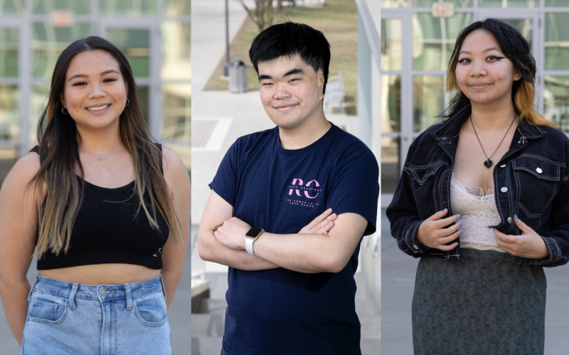Composite image shows side-by-side portraits of three UAlbany students posing on campus: Kaitlyn Chan, Jeremy Zheng and Jaci Yong.