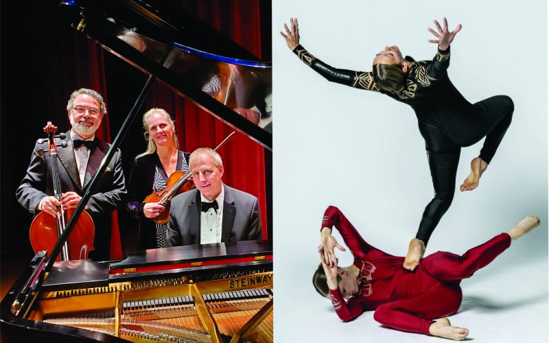 sise by side photos show three musicians in front of a piano and two dancers with one on floor and one suspended in air