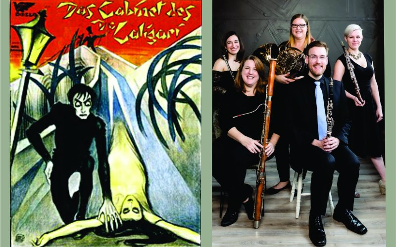 film poster side by side with quintet of musicians