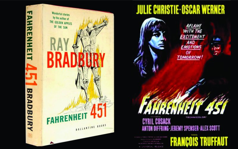 Fahrenheit 451 book cover next to poster for 1966 film