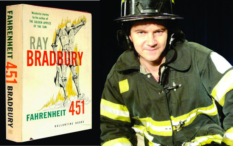 Fahrenheit 451 book cover next to actor in fireman's garb