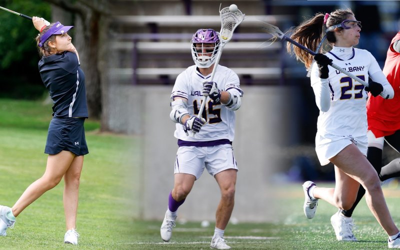 A women's golfer, a men's lacrosse player and a women's lacrosse player are shown in action for UAlbany athletes.