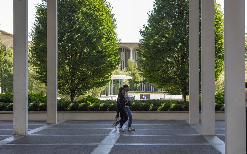 Two students walk along the Podium on the Uptown campus on a bright sunny day. They are perfectly centered between columns, tiles and trees.