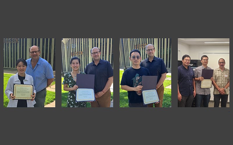 A composite of four Economics students posing with professors and award certificates on the UAlbany campus