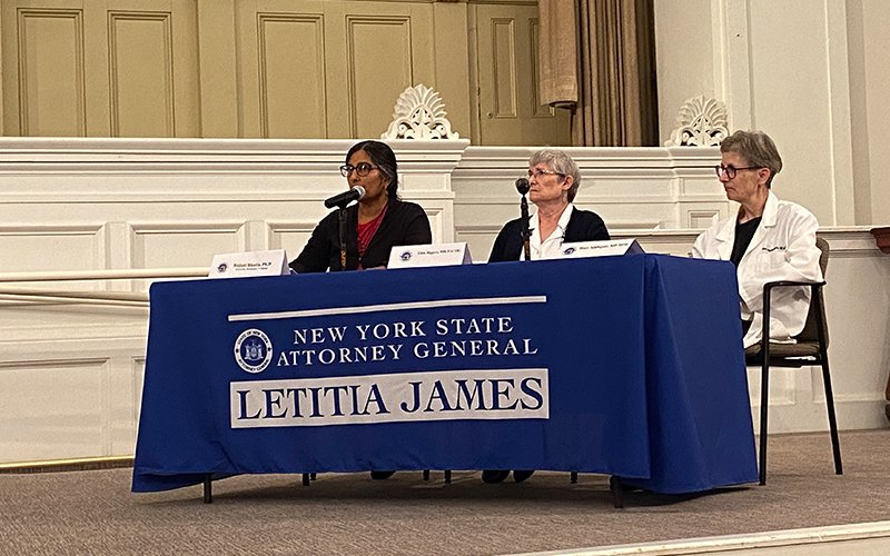 WGSS Associate Professor Dr. Rajani Bhatia sits at a table with two other women and speaks into a microphone. A blue tablecloth covers the  table with the text "New York State Attorney General Letitia James" and the seal of New York State.