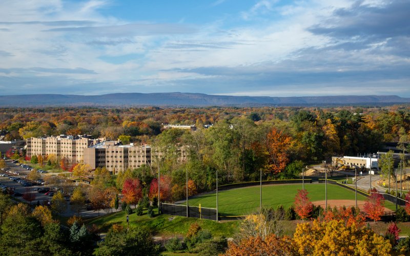 A scenic look at the Uptown Campus in fall, with the Liberty Terrace buildings nestled among fall foliage and the Helderberg Mountains in the background, all beneath a blue sky.