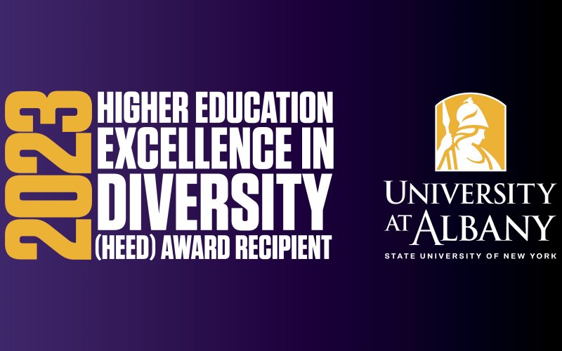 Graphic image with purple background. Text in bold block letters reads: 2023 Higher Education Excellence in Diversity (HEED) Award Recipient. The University at Albany "Minerva" logo is at right.