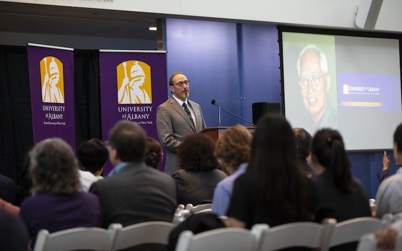 Laurence Kranich, chair of the Economics Department at the University at Albany, addresses attendees of the Inaugural Pong Lee Memorial Lecture.