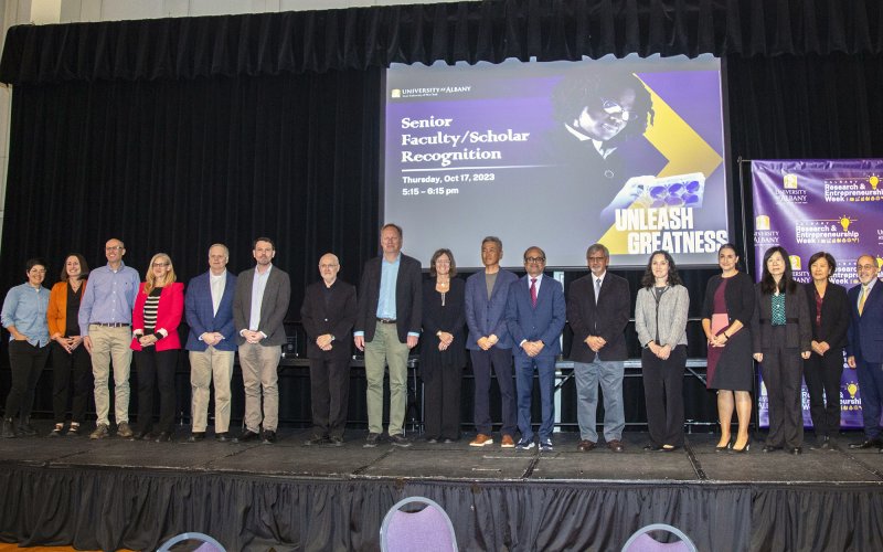 Senior faculty are honored as part of UAlbany's Research and Entrepreneurship Week. (Photos by Patrick Dodson)