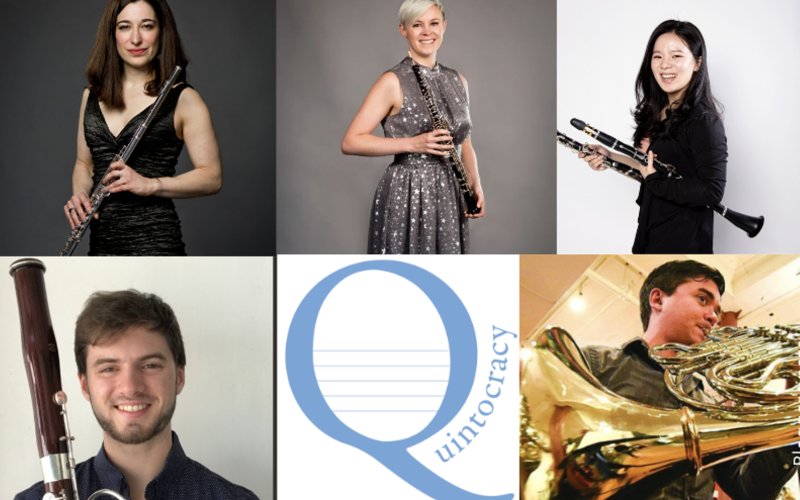 a complilation of five musicians holding their instruments along with the group's logo