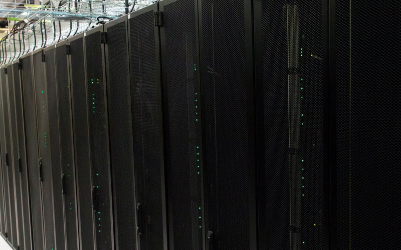 A row of supercomputing stacks inside UAlbany's state-of-the-art Data Center.