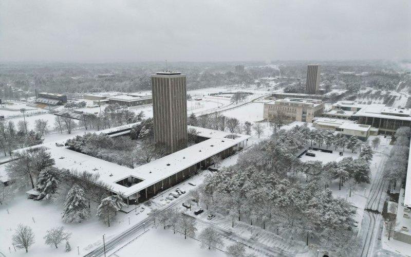 UAlbany's snow-covered Uptown Campus as photographed from a drone.