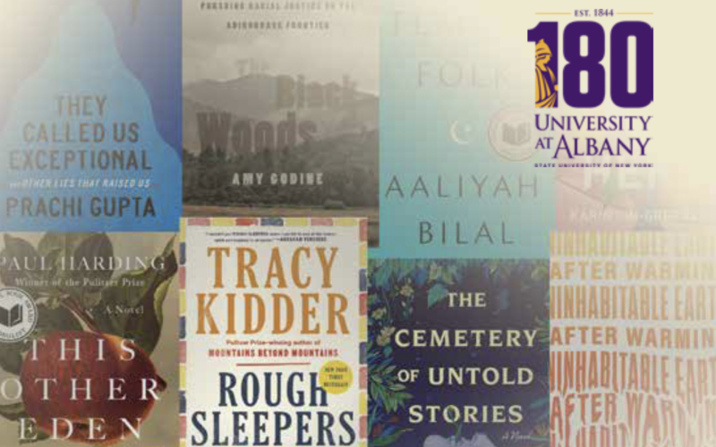 Composite of eight book covers by authors who will be visiting UAlbany as part of the NYS Writers Institute Spring 2024 season, and a logo of the 180th anniversary of UAlbany.