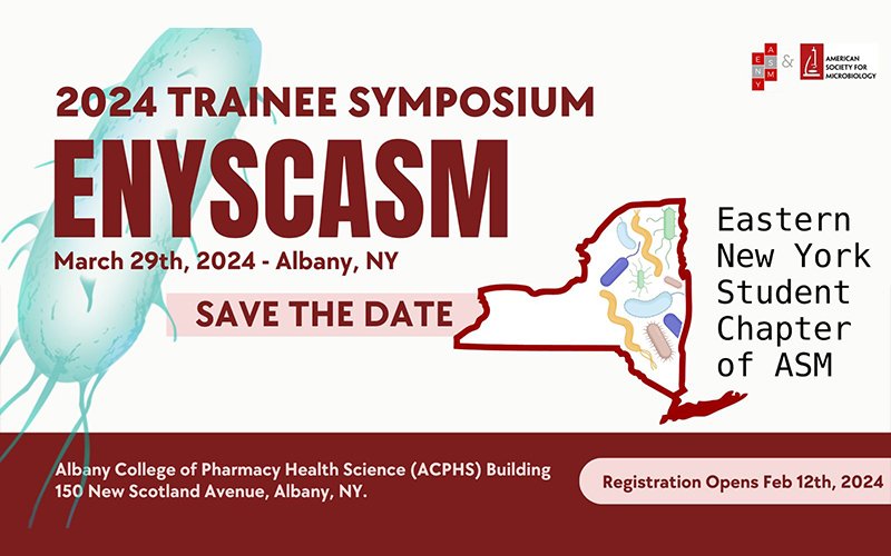 The ENYSCASM 2024 Trainee Symposium Flyer, featuring event details, scientific imagery and an outline of New York State.
