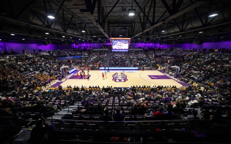 The packed Broadview Center during a UAlbany basketball game.