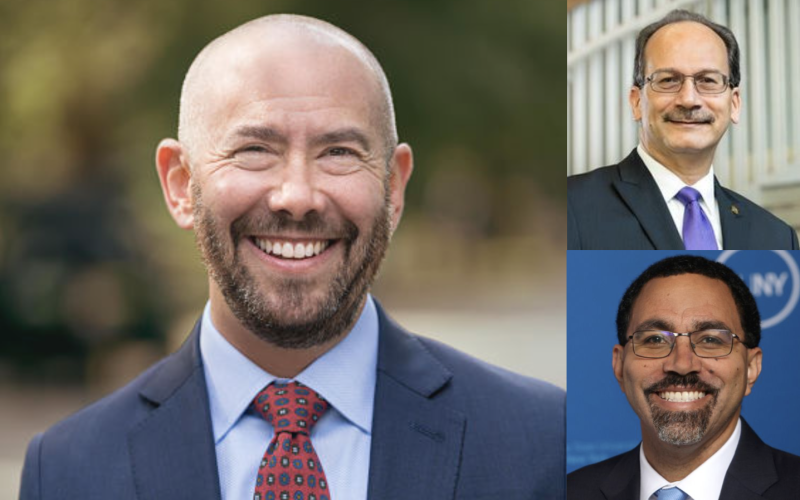 Composite image depicts three portraits of Judge Seth Marnin smiling outdoors in a suit and tie, UAlbany President Havidán Rodríguez in a suit and glasses outside, and SUNY Chancellor John B. King, Jr. in a suit and glasses against a blue backdrop with the SUNY logo.