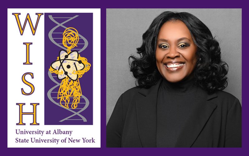 A composite of the WISH logo, with the text 'WISH, University at Albany, State University of New York,' on the left and an image of  Dr. Kay Johnson-Winters wearing black and smiling in front of a gray background, on the right.