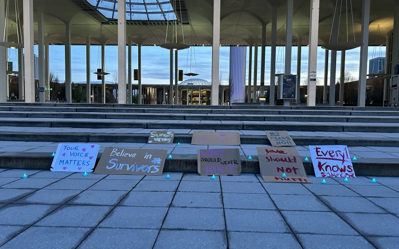 Image depicts eight painted signs made of cardboard, propped up on the front steps of UAlbany’s academic podium. The photo was taken in the evening, and the sky in the background is blue, lightly clouded and darkening. The signs say: your voice matters, believe in survivors, support victims, we love survivors, love should never hurt, love should not hurt, no means no, and everyone knows someone. Small green LED tea lights are scattered around the signs. 