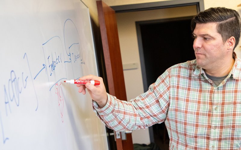 UAlbany Computer Scientist Petko Bodganov works on an equation on a whiteboard in his computer lab that is part of his research on deep tissue imaging.