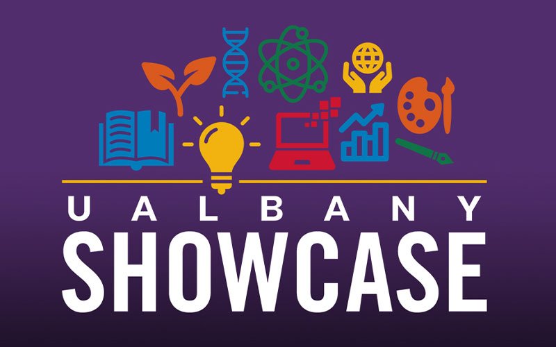 The logo for UAlbany Showcase, with white text on a purple background and colorful icons related to academics.