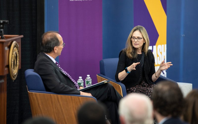 oan Solotar, Global Head of Private Wealth Solutions at Blackstone, speaks with UAlbany President Havidán Rodríguez during the 6th Annual Massry Lecture on Friday, Oct. 28 at the Massry Center for Business at UAlbany.