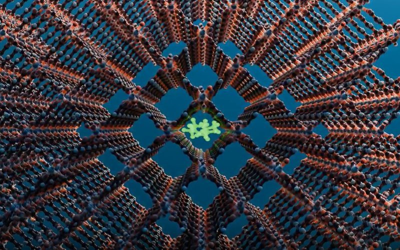 Computer rendering of a metal-organic framework. The image features a lattice of brown rods and blue nodes, arranged in a 3D crosshair pattern. In the center is a shape made of green rods and green nodes in a cluster, trapped in a central square.  
