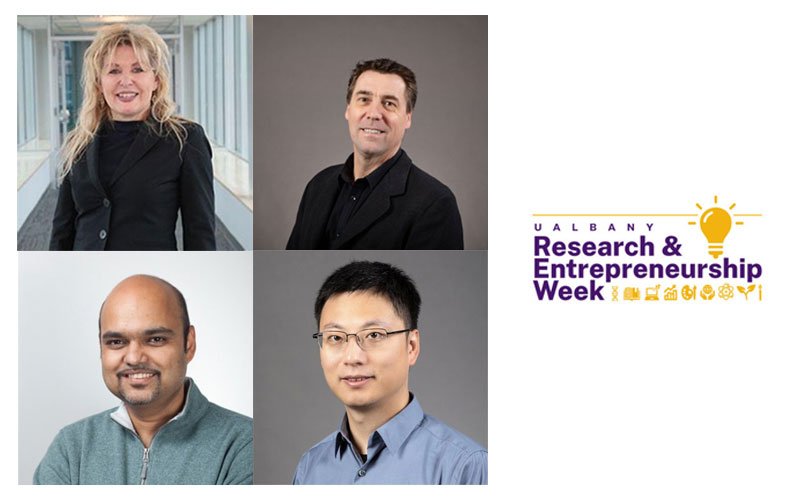 A combined image that includes the UAlbany Research and Entrepreneurship Week and four professional headshots of Janet Paluh, Christophe Vallee, Weilan Zhang and Sukanta Basu.
