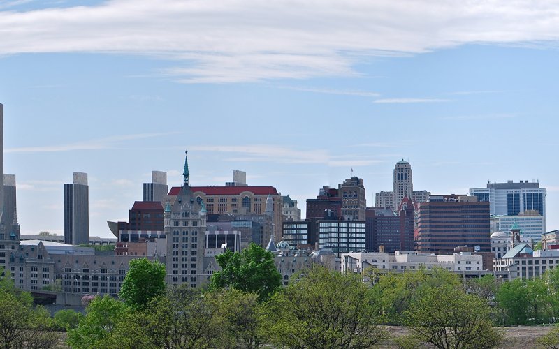 Skyline of Albany from across the Hudson River. 