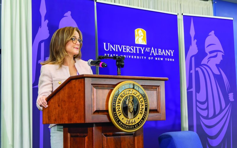 Amy Knapp speaks at the 2025 Massry Lecture in the Massry School of Business on April 4, 2025