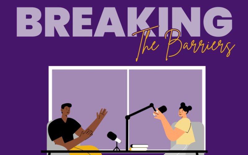 Illustration of two people at a table, talking into microphones. Purple background with words "Breaking the Barriers"