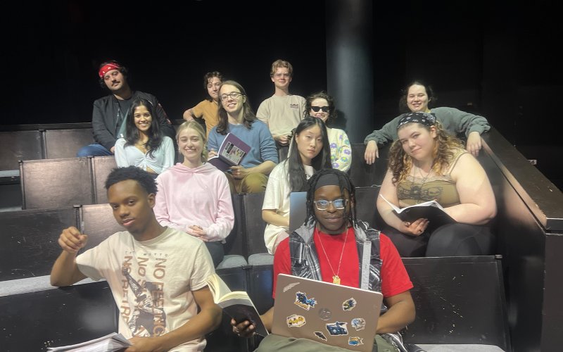 group of twelve people sit in theatre seats with laptops and scripts