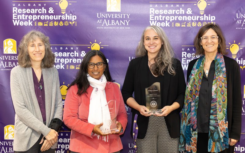 From left to right, Professor Julie Novkov, Professor Rajani Bhatia, Professor Angie Wootton, and Professor Barbara Sutton at UAlbany's 2025 Research and Entrepreneurship Week.
