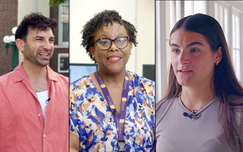 Composite image of three people. From left: a man in a salmon button down shirt smiles outdoors; a woman in a purple floral top and glasses smiles in a computer lab; a woman in a gray crewneck top speaks in a light filled corridor. 