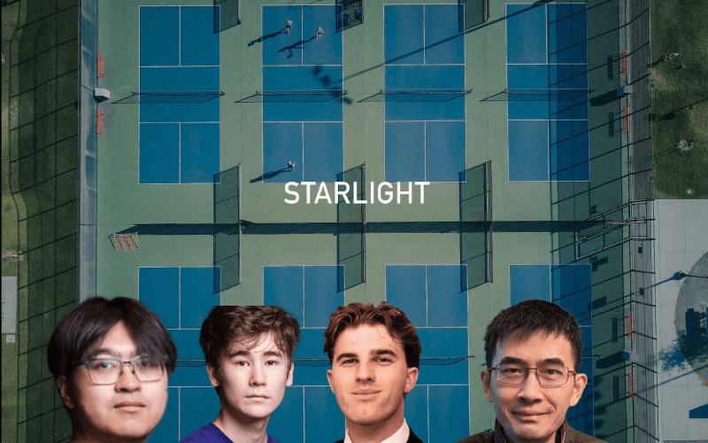 Tennis course with the word "Starlight" in the middle and headshots of four men at the bottom. 