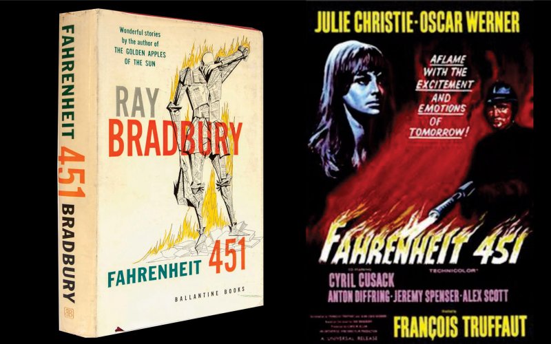 Fahrenheit 451 book cover next to poster for 1966 film