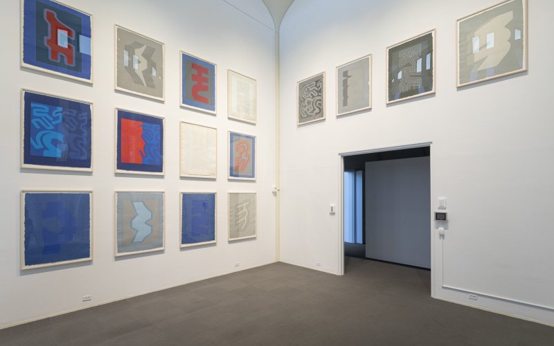 Sixteen pieces hang on a wall in the exhibition space, each is a vibrant graphic composition.