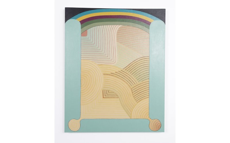 An abstract art piece, light blues and soft beige graphics with a sylized, softly colored rainbow.