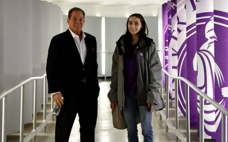 Steven Nigro with Massry student Vienna Wiseman on a our of the University at Albany campus.