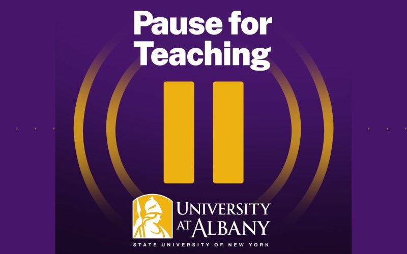 Purple and gold "Pause for Teaching" podcast logo