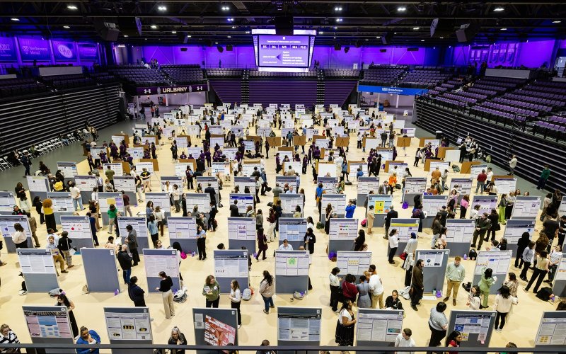 A birds eye view of Showcase presentations inside the Broadview Center.