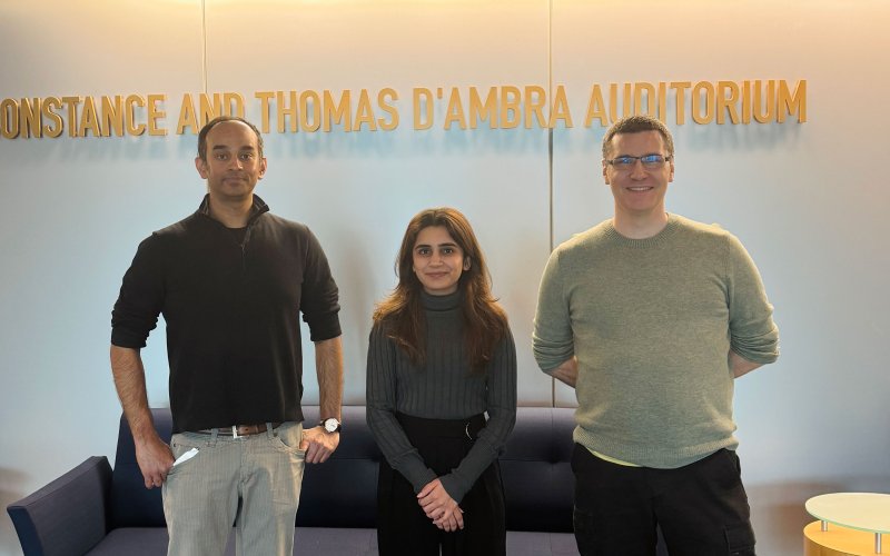 An image of UAlbany's Reddy Lab student, Damini Devpura, standing in the middle while two individuals stand on either side of Damini.