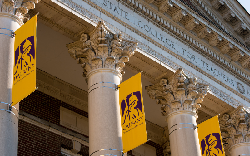 Close-up on the columns featured on the University at Albany's Downtown Campus.