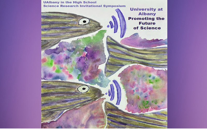 Illustration of two fish, text reads "UAlbany in the High School, Science Research Invitational Synospium: Promoting the future of science."